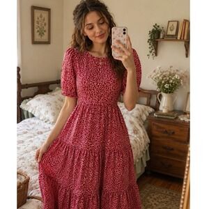 Red White Leopard Print Tiered Midi Dress Short Puff Sleeve Cottagecore Med
